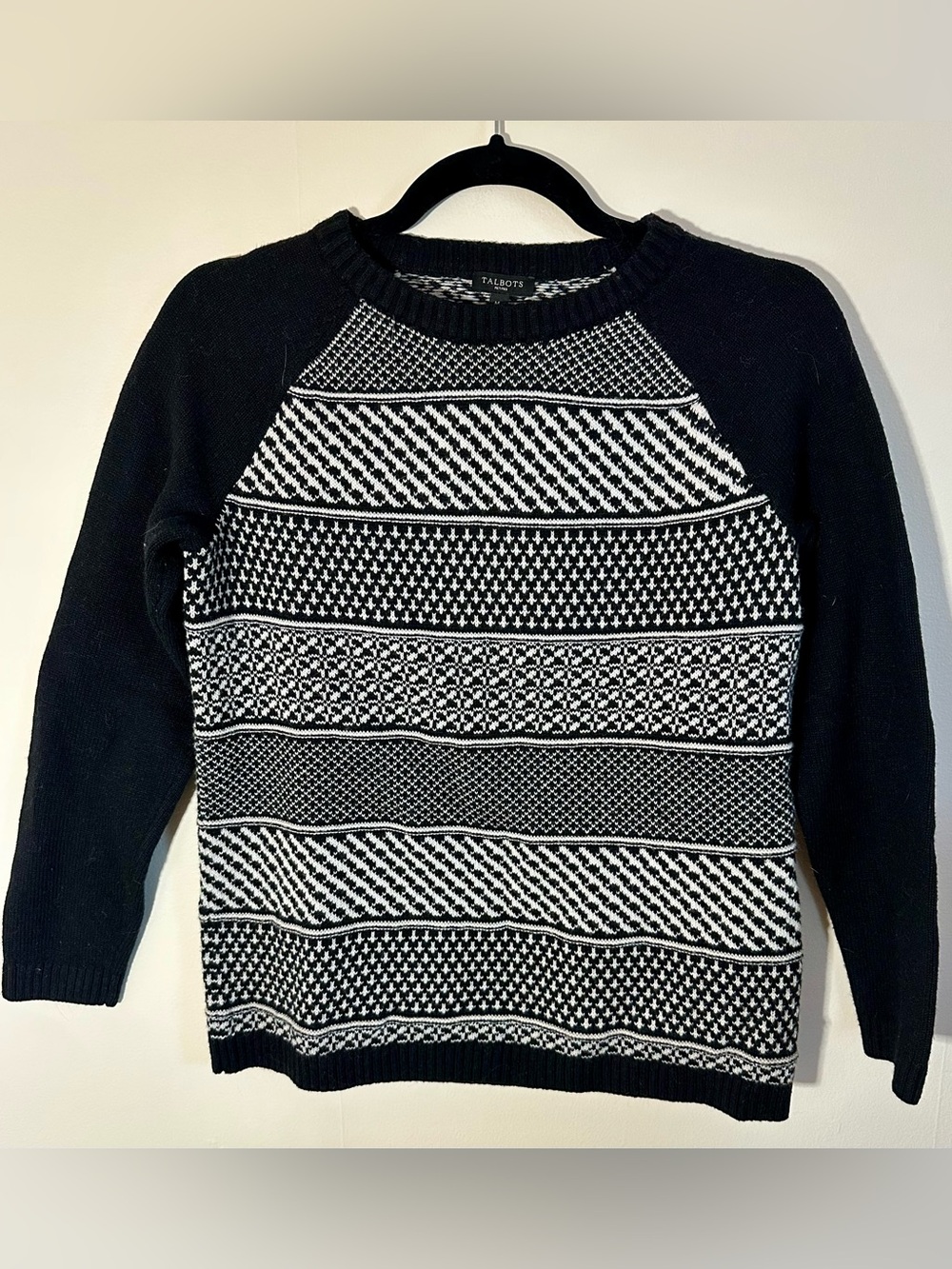 Talbots Black and White Nordic-style Crewneck Sweater